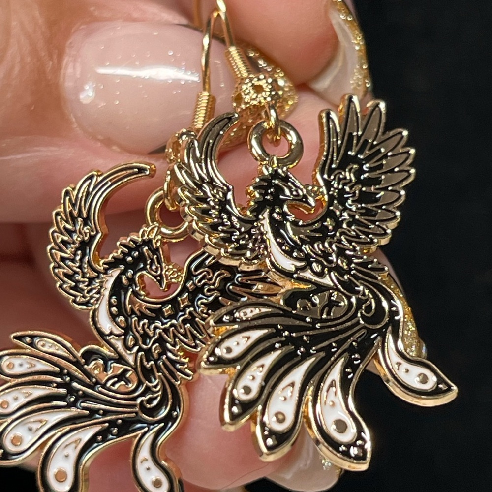 Elegant Gold and Black Phoenix Earrings